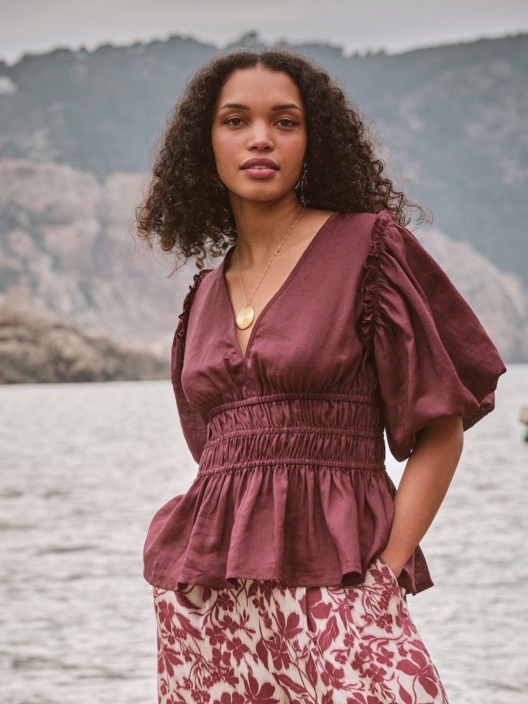 FatFace Arabella Claret Puff Sleeve Top - Image 1 of 8 FatFace Arabella Claret Puff Sleeve Top - Image 1 of 8