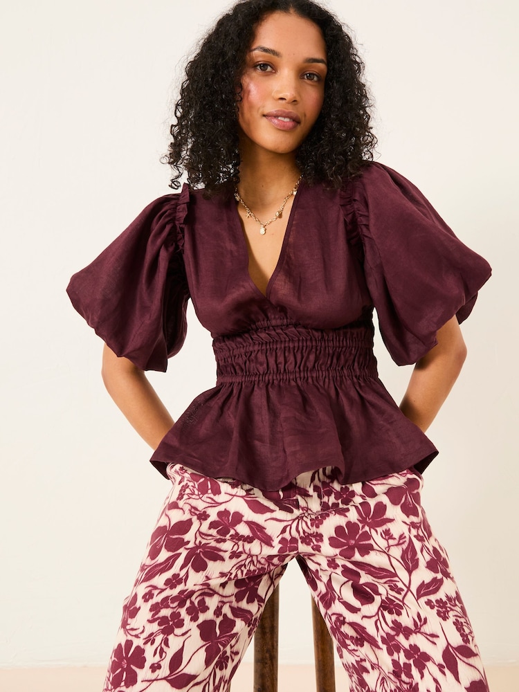 FatFace Arabella Claret Puff Sleeve Top - Image 2 of 8 FatFace Arabella Claret Puff Sleeve Top - Image 2 of 8