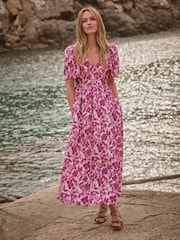 FatFace Marlowe Purple Gathered Sleeve Printed Dress - Image 1 of 14