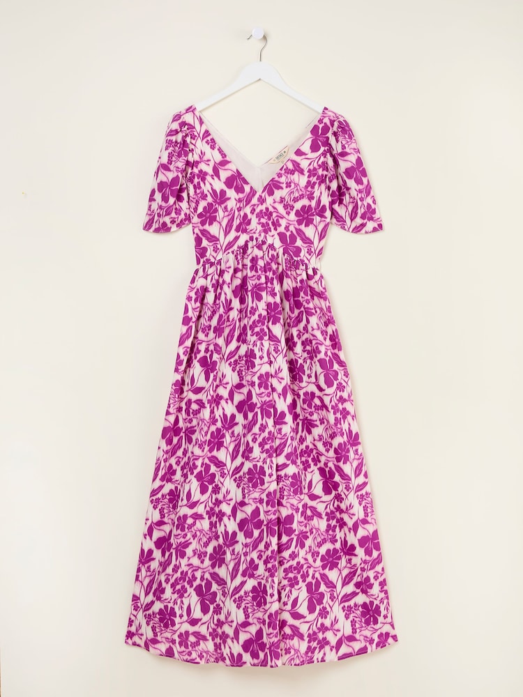 FatFace Marlowe Purple Gathered Sleeve Printed Dress - Image 14 of 14