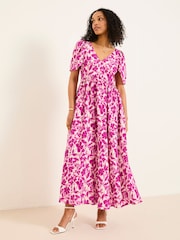 FatFace Marlowe Purple Gathered Sleeve Printed Dress - Image 2 of 14