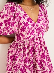 FatFace Marlowe Purple Gathered Sleeve Printed Dress - Image 6 of 14