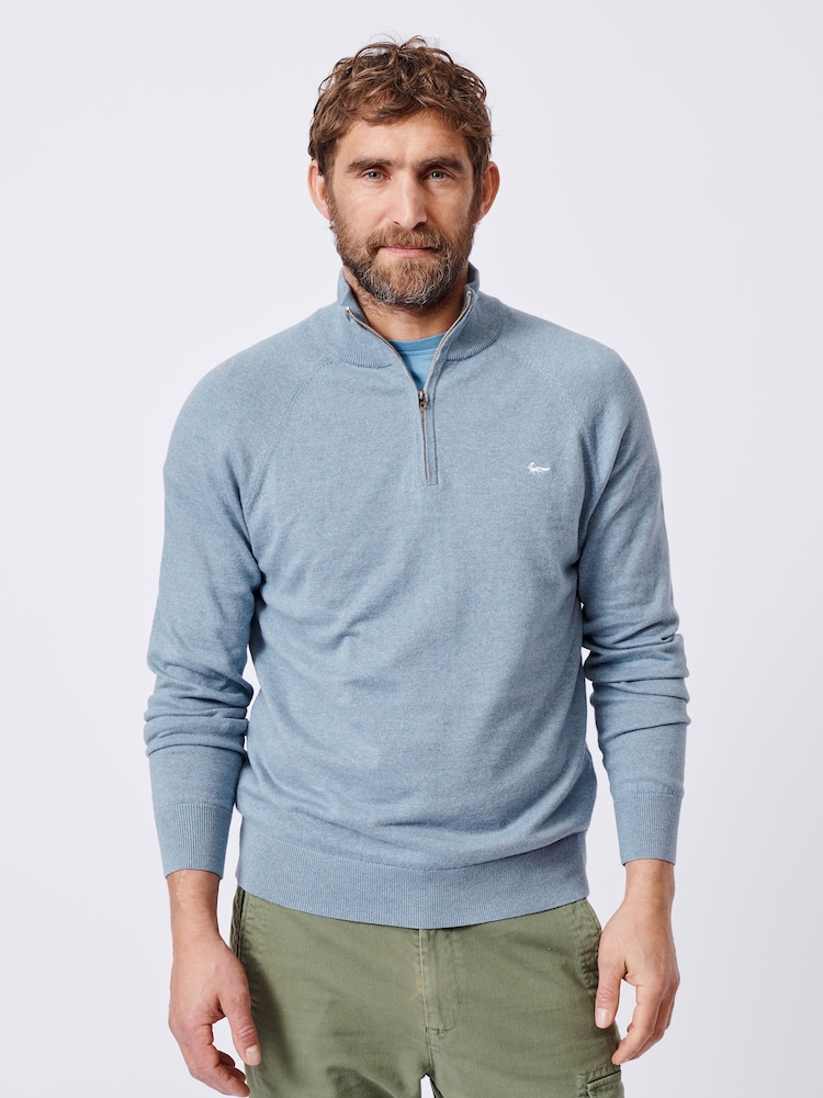 Aubin Blue Bonby Zip Neck 100% Cotton Jumper - Image 1 of 8
