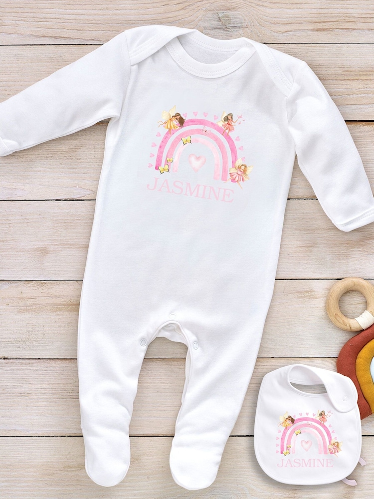 Little Years Personalised Girls Fairy & Rainbow 100% Cotton White Bib - Image 4 of 4