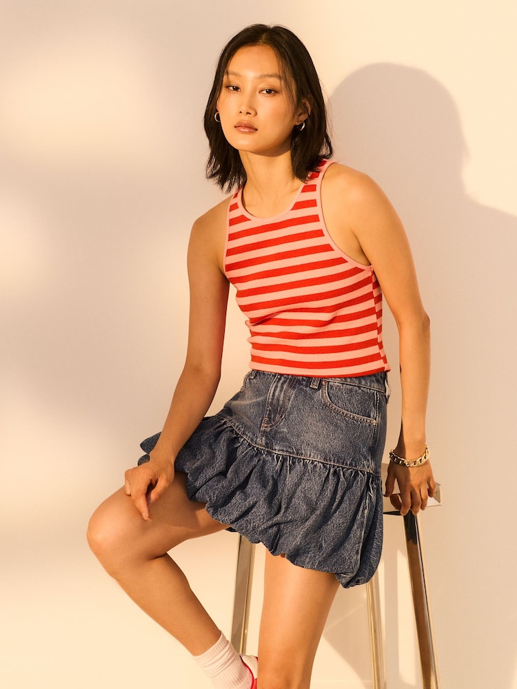 Red/Pink Knitted Stripe Racer Tank - Image 1 of 7
