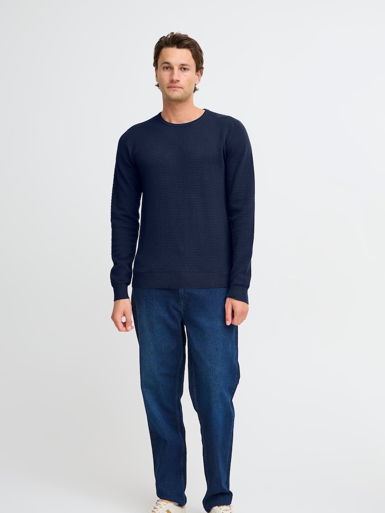 Blend Navy Blue Washed Crew Neck 100% Cotton Knitted Sweat Jumper - Image 4 of 5