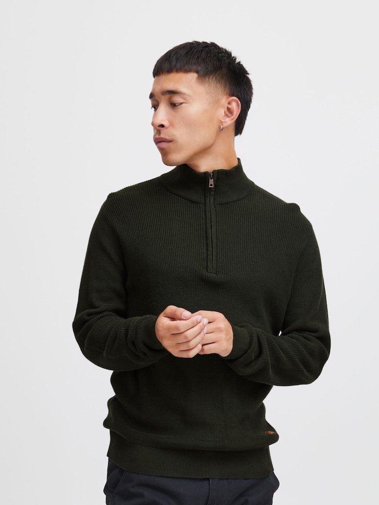 Blend Dark Khaki Green 100% Cotton Quarter Zip Knitted Sweat Jumper - Image 1 of 5