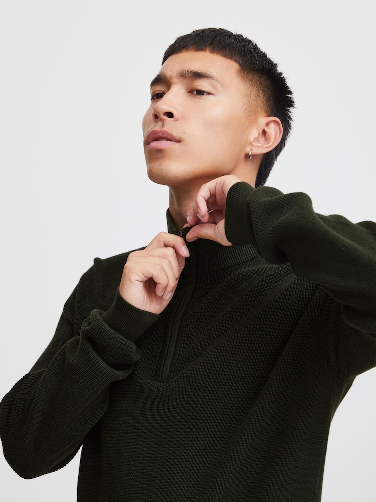 Blend Dark Khaki Green 100% Cotton Quarter Zip Knitted Sweat Jumper - Image 3 of 5