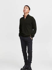 Blend Dark Khaki Green 100% Cotton Quarter Zip Knitted Sweat Jumper - Image 4 of 5