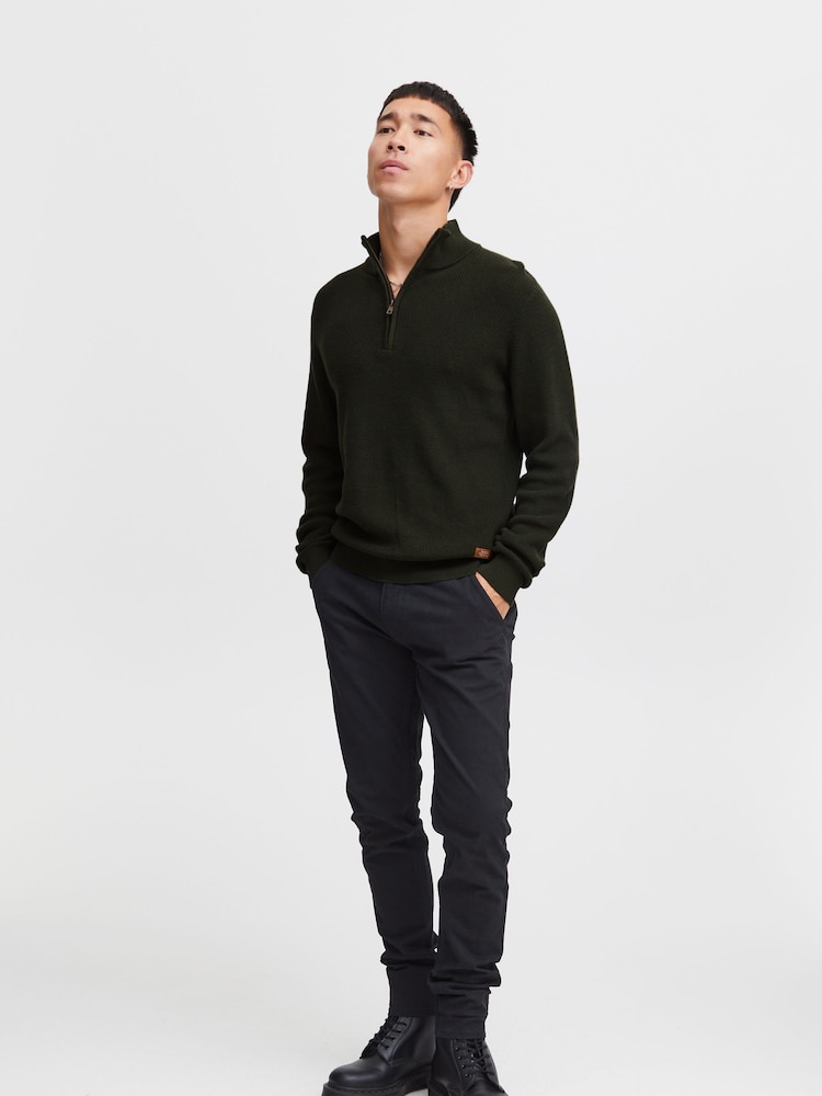Blend Dark Khaki Green 100% Cotton Quarter Zip Knitted Sweat Jumper - Image 4 of 5