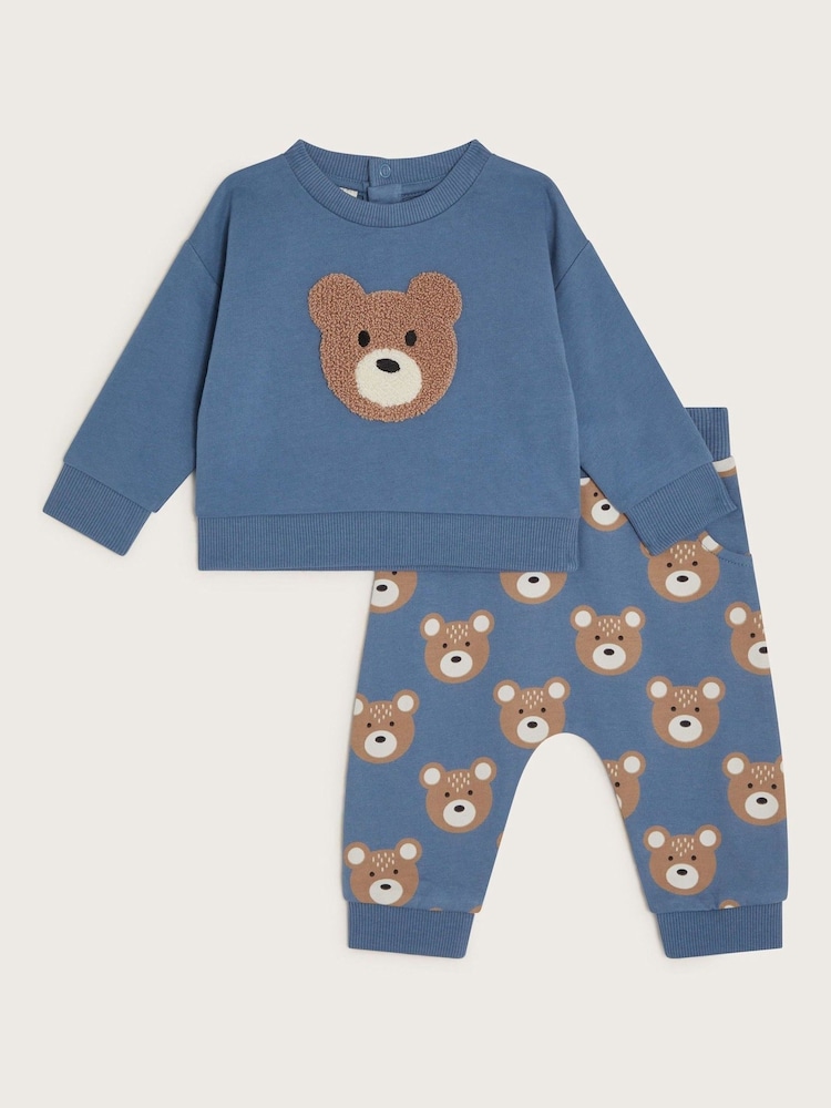 Monsoon Blue Newborn Bear 100% Cotton Sweatshirt and Joggers Set - Image 1 of 3