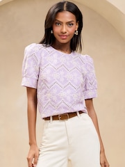 Lipsy Lilac Purple Petite Broderie Floral Puff Sleeve T-Shirt - Image 1 of 4