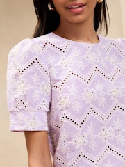 Lipsy Lilac Purple Petite Broderie Floral Puff Sleeve T-Shirt - Image 2 of 4
