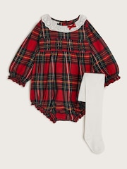 Monsoon Red Newborn Tartan 100% Cotton Romper and Tights Set - Image 1 of 3