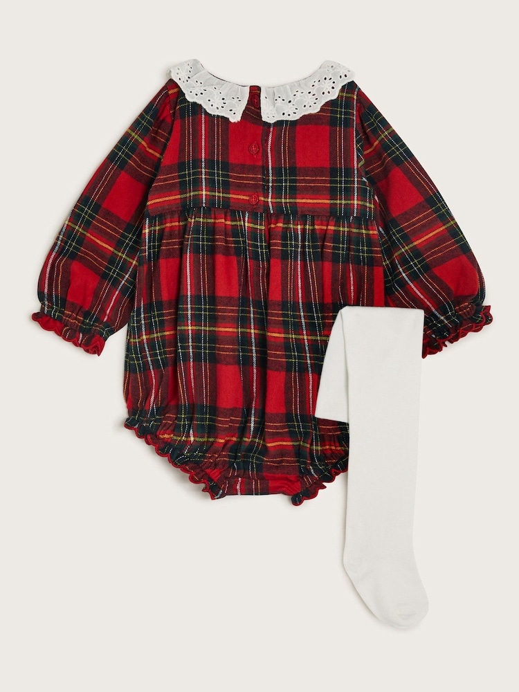 Monsoon Red Newborn Tartan 100% Cotton Romper and Tights Set - Image 2 of 3