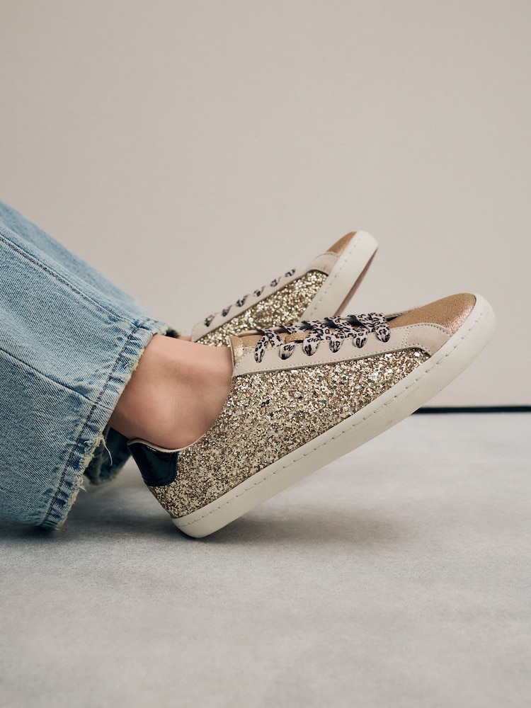 Gold Forever Comfort® Glitter Detail Round Toe Lace-Up Trainers - Image 1 of 6