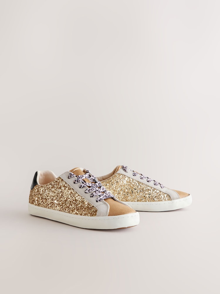 Gold Forever Comfort® Glitter Detail Round Toe Lace-Up Trainers - Image 2 of 6