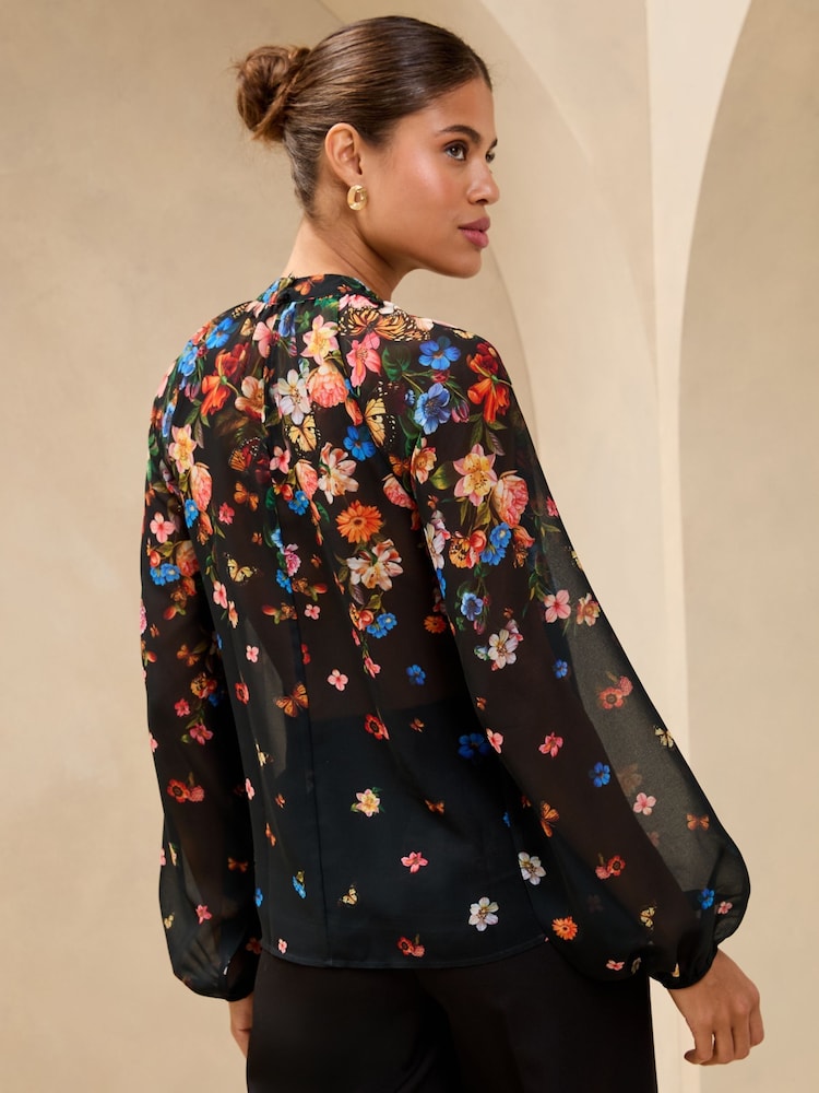 Lipsy Black Print High Neck Blouson Blouse - Image 4 of 4