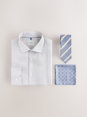 Neutral Stripe/Chambray Stripe with Pocket Square Slim Fit Shirt and Tie Pack - Image 1 of 10
