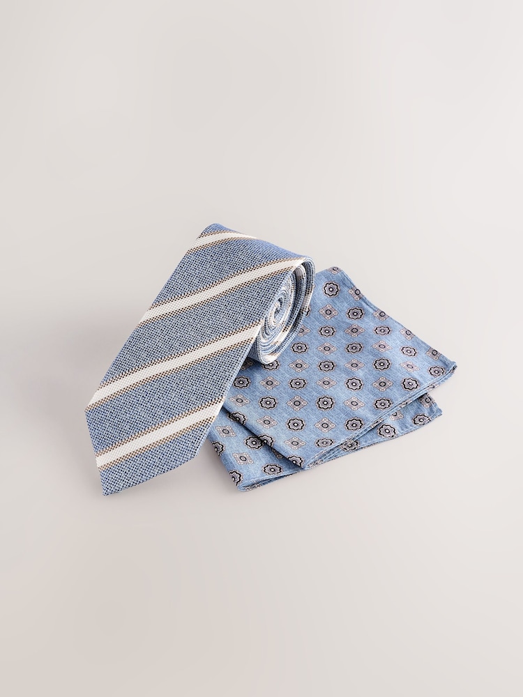 Neutral Stripe/Chambray Stripe with Pocket Square Slim Fit Shirt and Tie Pack - Image 10 of 10