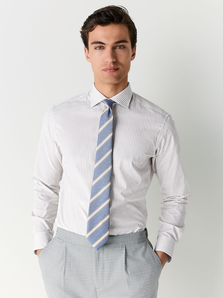 Neutral Stripe/Chambray Stripe with Pocket Square Slim Fit Shirt and Tie Pack - Image 2 of 10