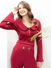 Hot Squash Red Bell Bottom Jumpsuit with Collar Detail - Image 1 of 7