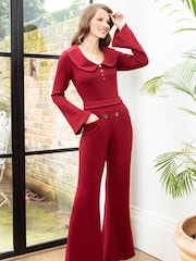 Hot Squash Red Bell Bottom Jumpsuit with Collar Detail - Image 4 of 7