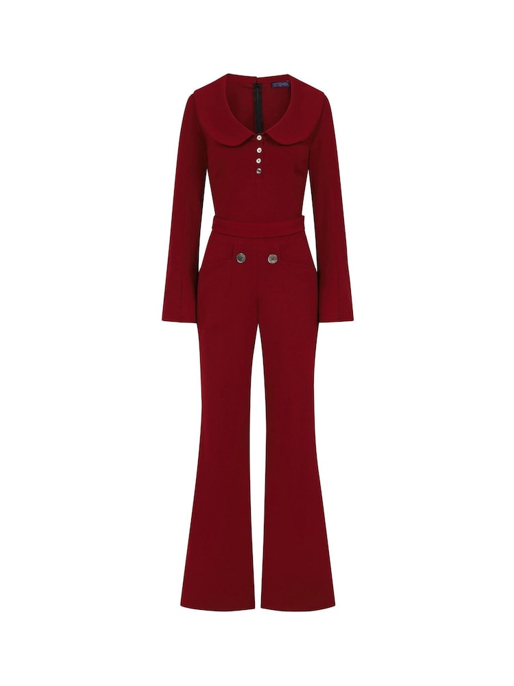 Hot Squash Red Bell Bottom Jumpsuit with Collar Detail - Image 7 of 7
