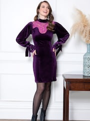Hot Squash Purple Tie Sleeve Velvet Mini Dress - Image 1 of 5