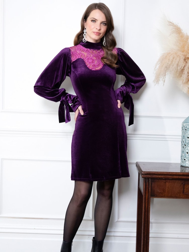 Hot Squash Purple Tie Sleeve Velvet Mini Dress - Image 2 of 5