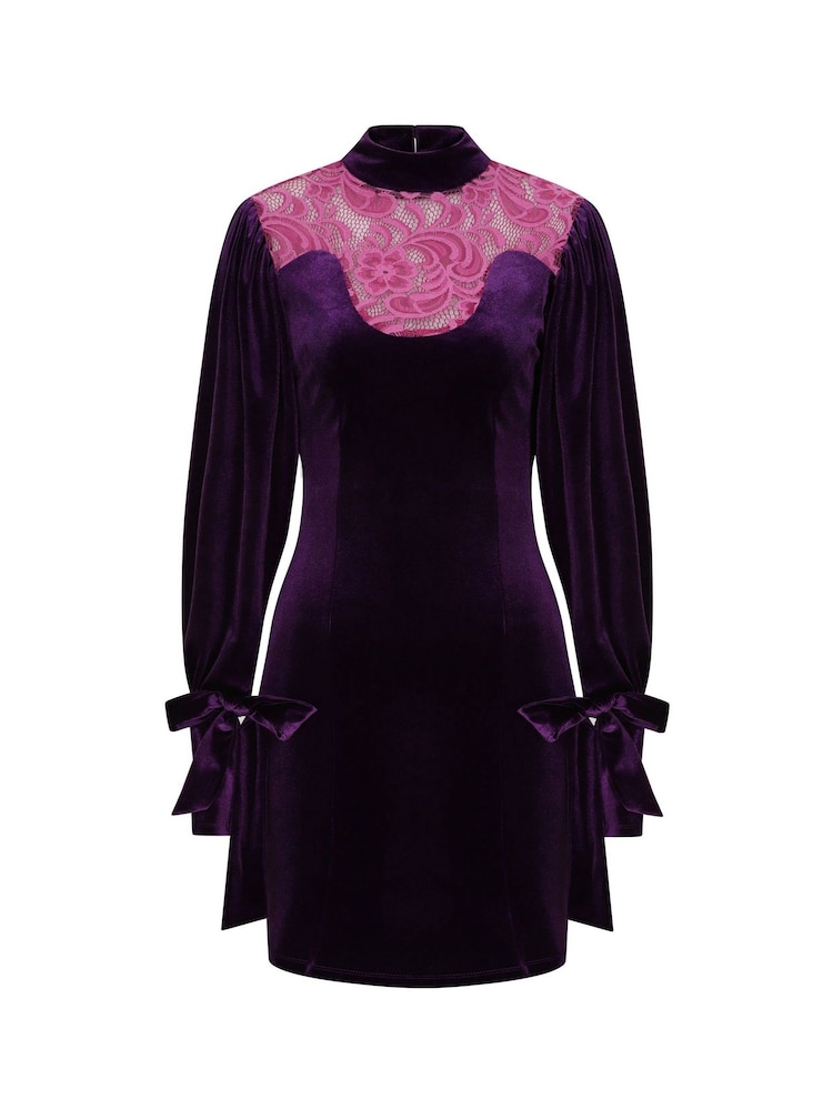 Hot Squash Purple Tie Sleeve Velvet Mini Dress - Image 5 of 5