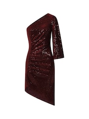 Hot Squash Red One Sleeved Sequin Ruched Dress - Image 4 of 4
