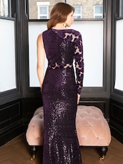 Hot Squash Purple One Sleeve Velvet Sequin Gown - Image 2 of 5