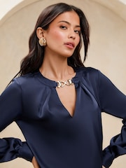 Lipsy Navy Satin Trim Detail Blouse - Image 1 of 4