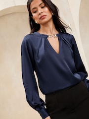 Lipsy Navy Satin Trim Detail Blouse - Image 2 of 4
