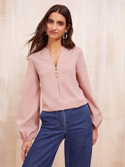 Friends Like These Pink Long Sleeve Button Notch Neck Blouse - Image 1 of 4