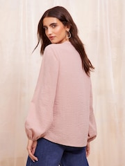 Friends Like These Pink Long Sleeve Button Notch Neck Blouse - Image 4 of 4