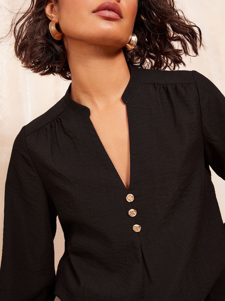 Friends Like These Black Long Sleeve Button Notch Neck Blouse - Image 2 of 4