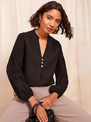 Friends Like These Black Long Sleeve Button Notch Neck Blouse - Image 3 of 4