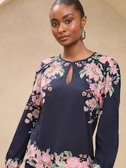 Lipsy Black Printed Keyhole Long Sleeve Top - Image 1 of 4