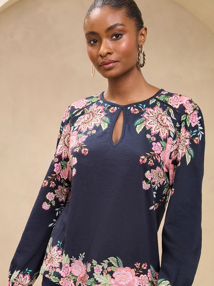 Lipsy Black Printed Keyhole Long Sleeve Top - Image 1 of 4