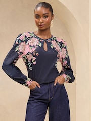 Lipsy Black Printed Keyhole Long Sleeve Top - Image 2 of 4