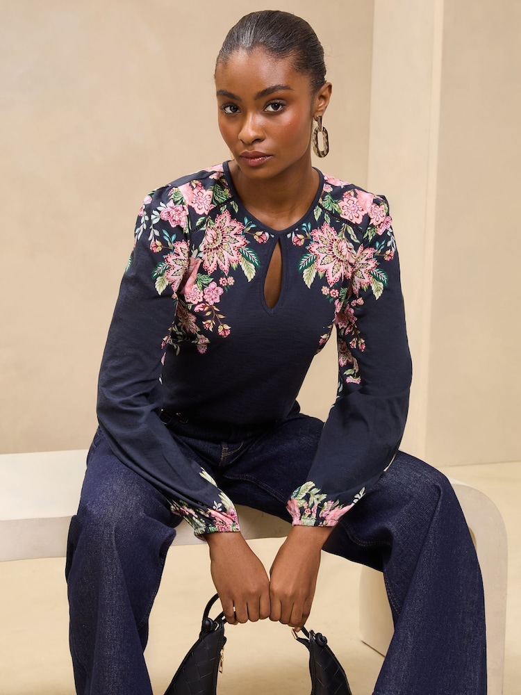 Lipsy Black Printed Keyhole Long Sleeve Top - Image 2 of 4
