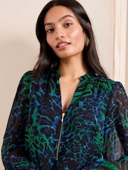 Love & Roses Green Animal Print Zip Front Mix Sheer Long Sleeve Length Blouse - Image 2 of 4
