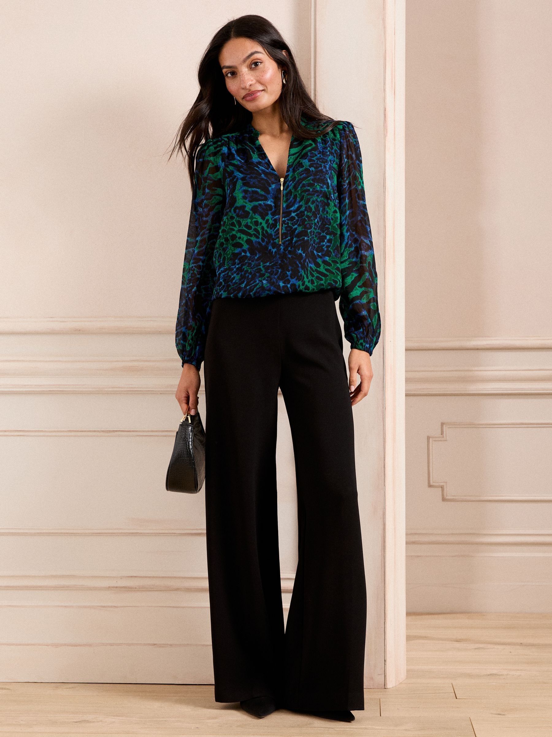 Buy Love & Roses Green Animal Print Zip Front Mix Sheer 3/4 Length Blouse  from Next USA