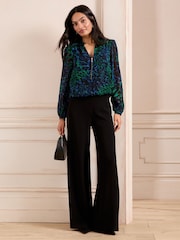 Love & Roses Green Animal Print Zip Front Mix Sheer Long Sleeve Length Blouse - Image 3 of 4