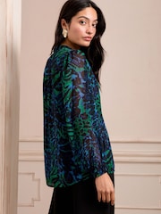 Love & Roses Green Animal Print Zip Front Mix Sheer Long Sleeve Length Blouse - Image 4 of 4