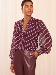 Love & Roses Berry Red Notch Neck Printed Blouse - Image 1 of 4