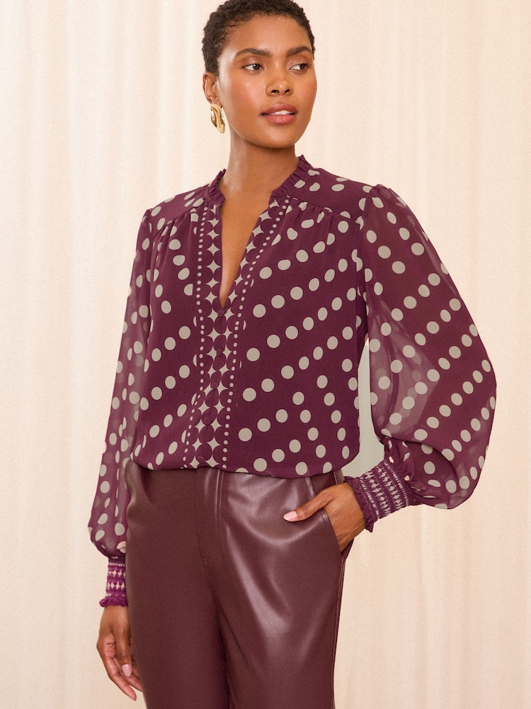 Love & Roses Berry Red Notch Neck Printed Blouse - Image 1 of 4 Love & Roses Berry Red Notch Neck Printed Blouse - Image 1 of 4