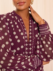 Love & Roses Berry Red Notch Neck Printed Blouse - Image 2 of 4